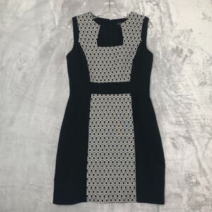 Tahari Dress Womens 8 Black White Geometric Print Sheath Square Neck Sleeveless